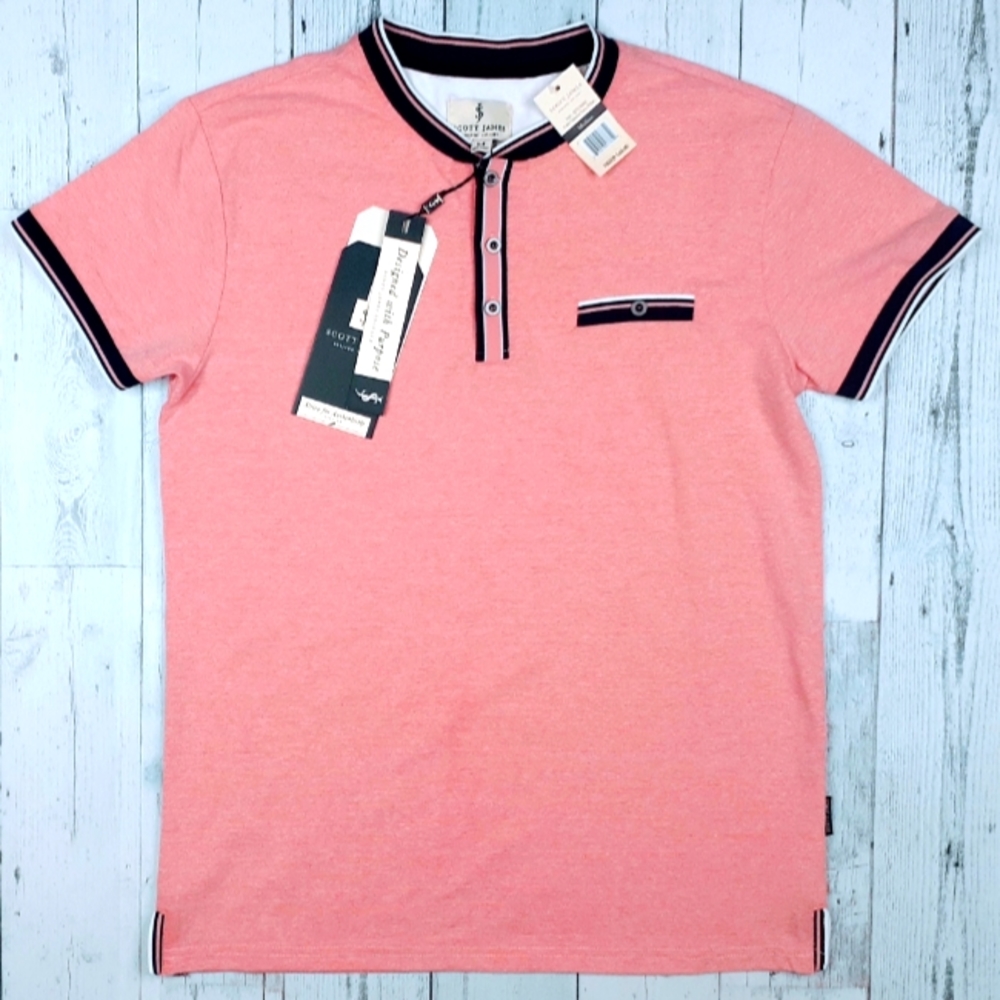NEW Scott James England Mens Medium Stretch Short Sleeve Henley Salmon Shirt NWT